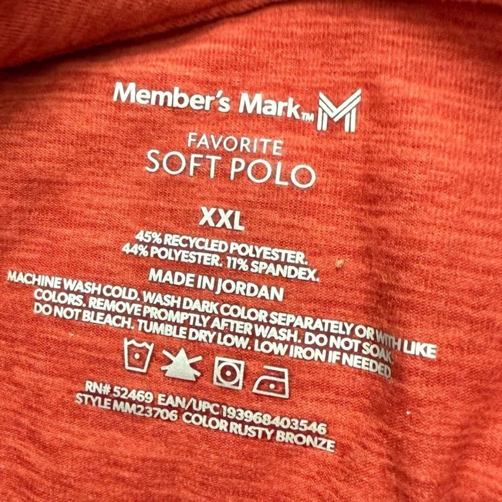 NWT Member’s Mark Performance Polo UPF 30 Moisture Wicking Orange Heather XXL - Picture 5 of 7